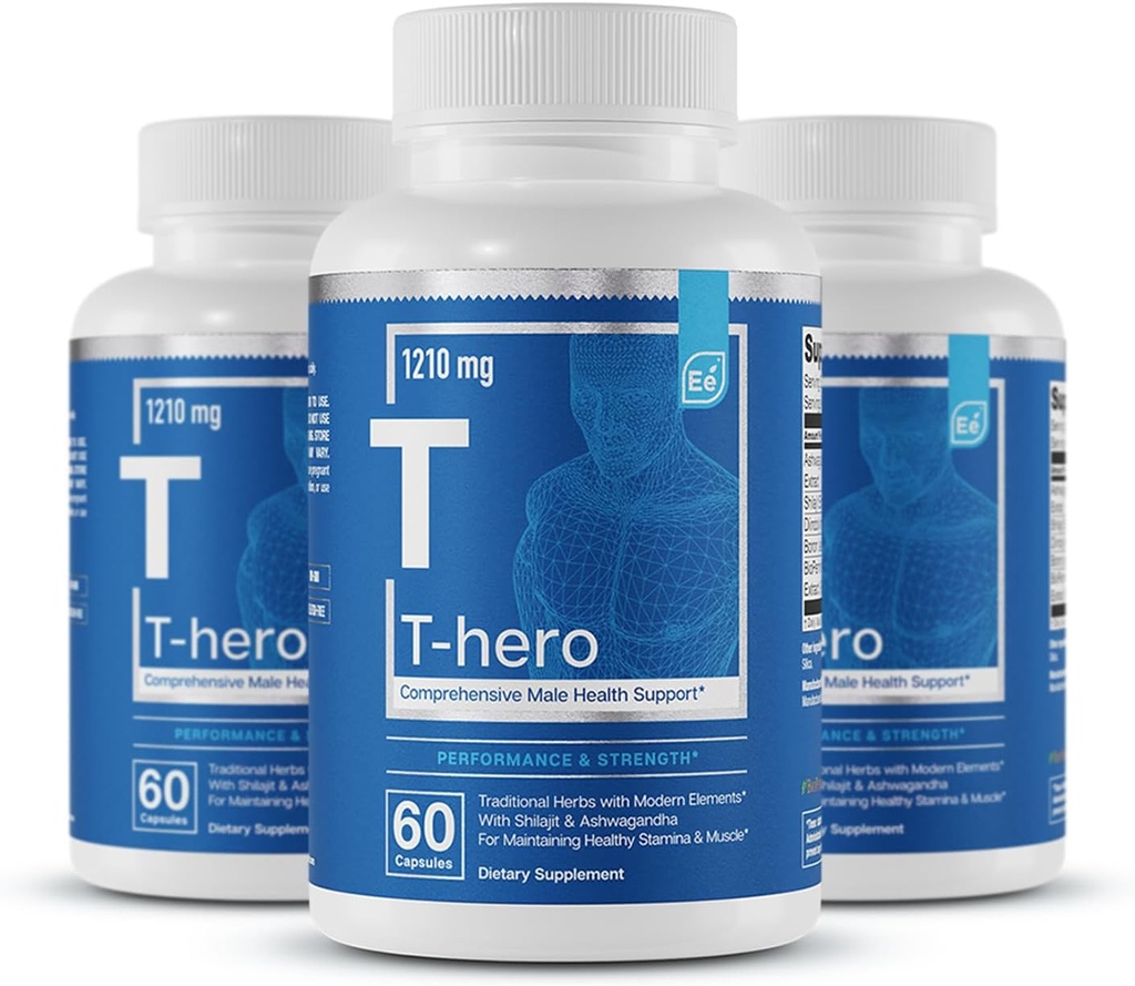 Essential Elements Male Health Supplement - Kas Support & T-Health with DIM, Ashwagandha, Shilajit, More | T-Hero 60 Vegan Capsules (3-Pack)