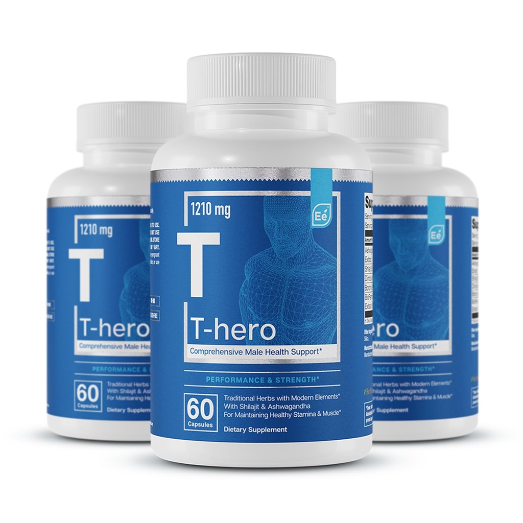 Essential Elements Male Health Supplement - Kas Support & T-Health with DIM, Ashwagandha, Shilajit, More | T-Hero 60 Vegan Capsules (3-Pack)