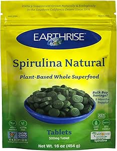 Dünyarise Spirulina, Pure Californian Spirulina 500 mg, Vegan, Gluten Free, Keto Friendly, Non -GMO Super Food yüksek in Vitamins & Minerals, 1 LB Tabletleri (150 Hizmet)