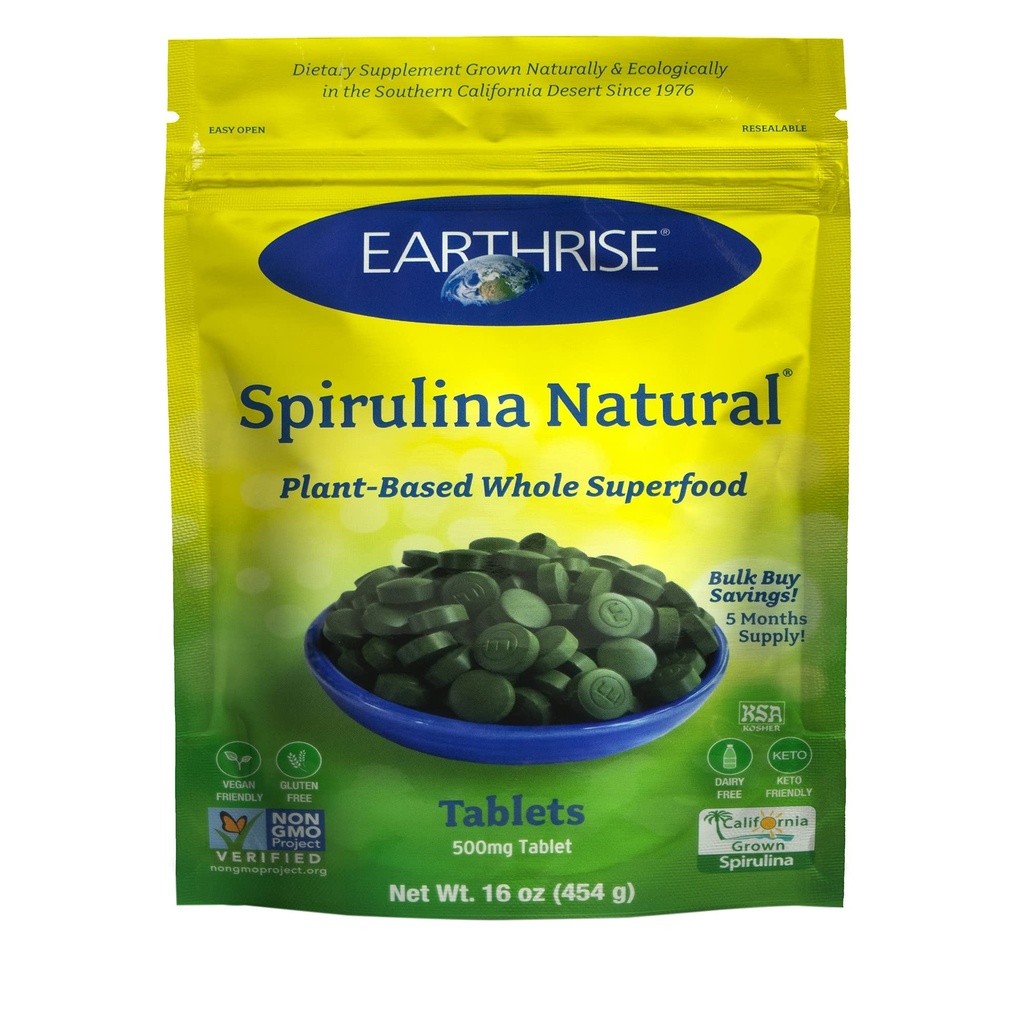 Earthrise Spirulina, Pure Californian Spirulina 500 mg, Vegan, Χωρίς γλουτένη, Keto Friendly, Μη ΓΤΟ Super Food high in Vitamins & Minerals., 1 LB Tablets (150 Serving)