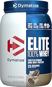 Dymatize Elite 100% Whey Protein Powder, Cookies & Cream, 25g Protein, 5.5g BCAAs, Λιγότερο από 140 Cal., Χωρίς γλουτένη, 3g Carb, 2g Sugar, 3g Fat (25 Services)