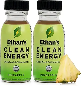 Ethan's Organic Clean Energy Shots Pineapple, Sugar Free Natural Pre-Workout Focus Boost, Gluten Free, Vegan, B6 & B12 Vitamin C with Green Tea Extract and Guayusa (2 Pack of 2oz Shots)