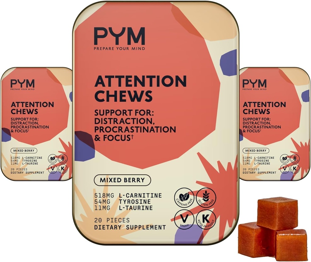 PYM Dikkat Chews Procrastinasyon, Focus & Verimlilik, 60 Kont | 518 mg L-Carnitine, 54 mg Tyrosine, 11 mg L-Taurine - Caffeine-Free | All- Natural Mood Boost Supplement Made in USA