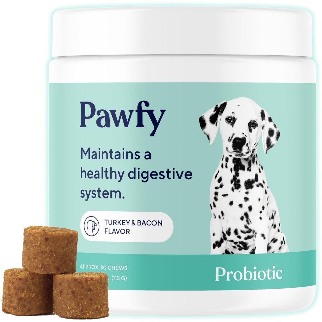 Pawfy Probiotics for Dogs | Supports Digestive Health, Diarrhea for Small, Large Dogs | Improves Gut Health | Anti Yeast Supplements | Skin Health Seasonal Allergies Support - 30 Chews (Bacon)