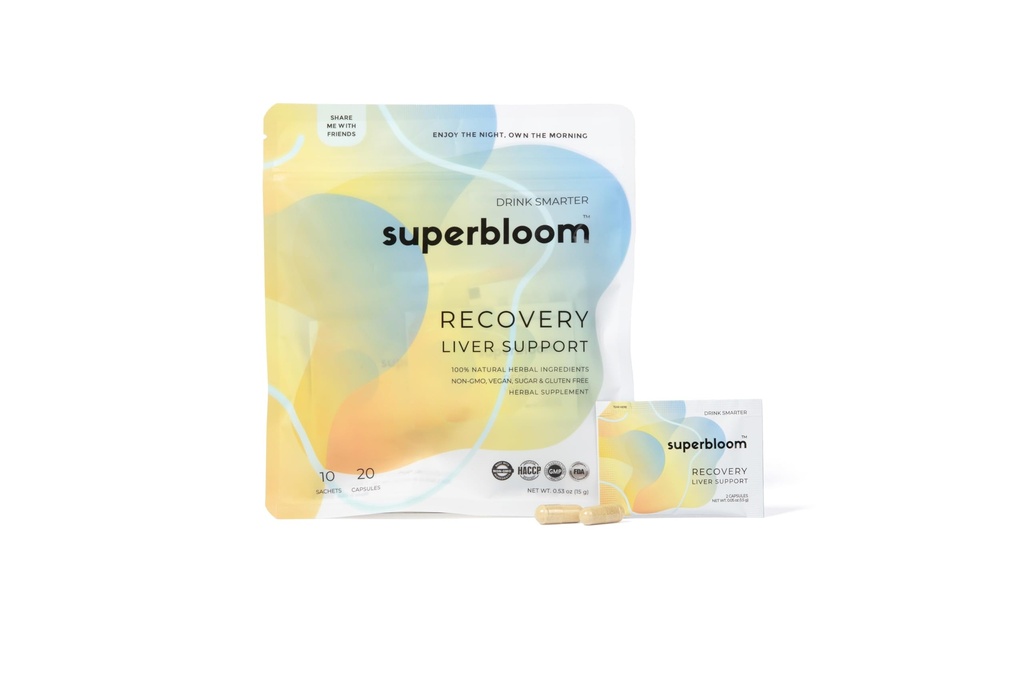 Superbloom Recovery Liver Support | Liver Detox with DHM, Turmeric, Milk Thistle | 10 Sachets, 20 Capsules | Enjoy The Night, Own The Morning
