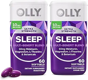 OLLY Ultra Strength Sleep Softgels, 10mg Μελατονίνη, L-Θεανίνη, Χαμομήλι, Μαγνήσιο, Λέμον βάλσαμο, Υποστηρίζει βαθιά ξεκούραστο ύπνο, Νυχτερινή Βοήθεια ύπνου, Μη Συνήθεια-Φόρμηση, 60 Count (Pack of 2)