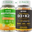 NEVISS 50+ Καθημερινή Gummy Multivitamin Algae Ωμέγα 3 & Ασβέστιο, CoQ10, Μαγνήσιο + Βιταμίνη D3 5000IU Gummies 125mcg με ασβέστιο 600mg, K2(MK7) 200mcg
