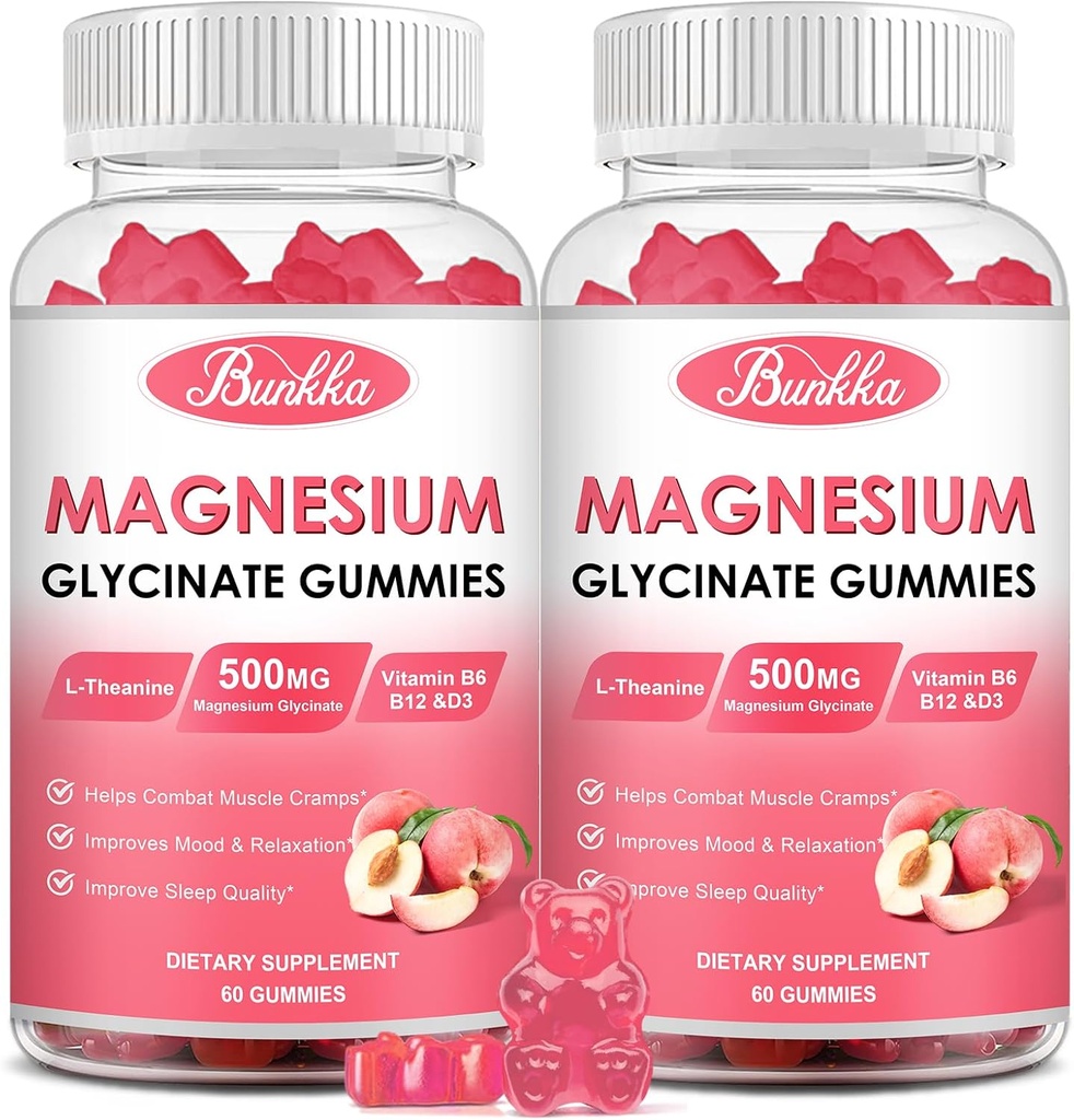 (2 Pack) Magnezyum Glycinate Gummies-Magnesium Glycinate 500 mg, Magnezyum Kompleksi Pyum, VitaminD, B6 Calm için, Sleep&Stress Relief-Sugar Free, 120 Peach Magnezyum Gummies