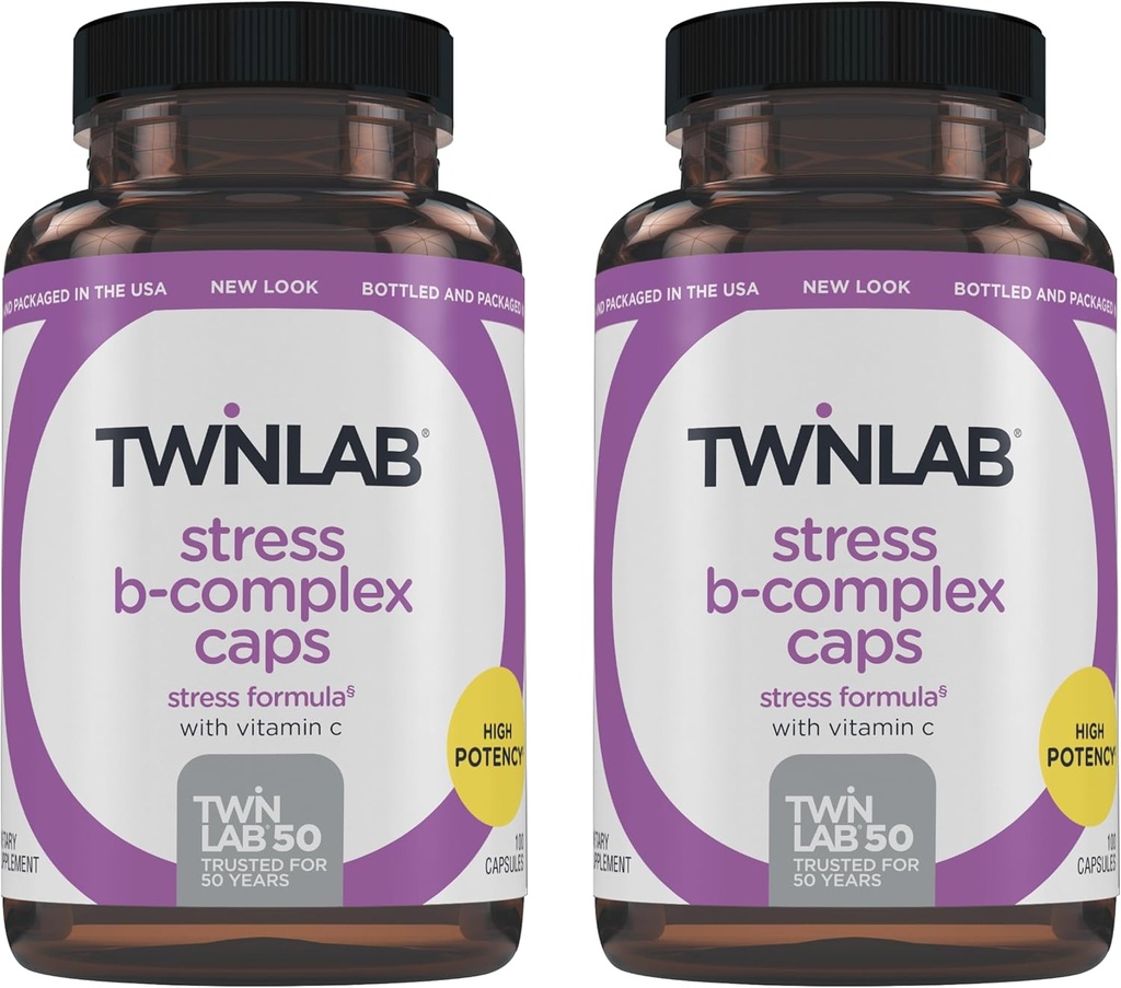 Twinlab Stress B-Complex Caps - Πλήρης B-Complex & 1000 mg Βιταμίνη C - Συμπλήρωμα Υποστήριξης Ενέργειας με Βιταμίνη B12 και B6-100 κάψουλες (πακέτο των 2)