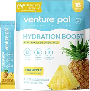 Venture Pal Sugar Free Electrolyte Powder Packets - Liquid Daily IV Drink Mix for Rapid Hydration & Party Recovery | 5 Vitamins & 7 Electrolytes| Keto Friendly | Non-GMO | Certified Vegan | 16 Sticks