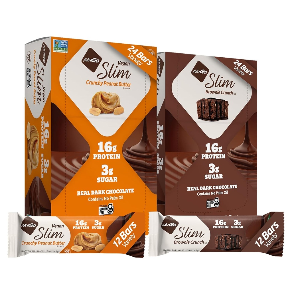 NuGo Slim 24ct Diversity - Crunchy Peanut Butter 12 bar & Brownie Crunch 12 bar, 16g Protein, Keto Friendly, Gluten Free, 24 sayı