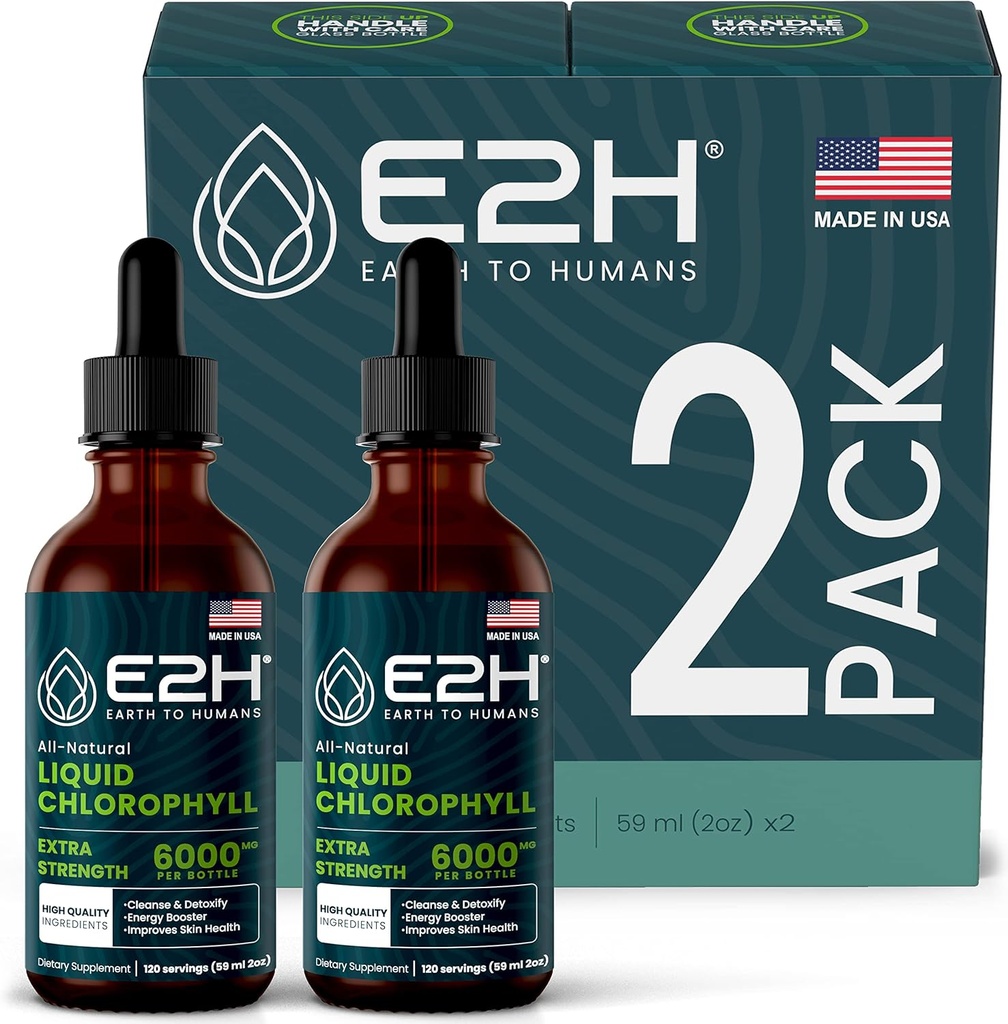 E2H Chlorophyll Liquid Drops - Enerji ATM, Digestion, Immune System Support and Internal Deodorant - Vegan - Gluten Free - Non-GMO - (2 Şişe)