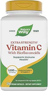 Nature's Way Extra Strength C with Bioflavonoids, The Collagen Production for Health Skin*, 1g Vitamin C as Ascorbicik Asit per Capsule, 250 Vegan Capsules (Pazar Mayıs Vary)