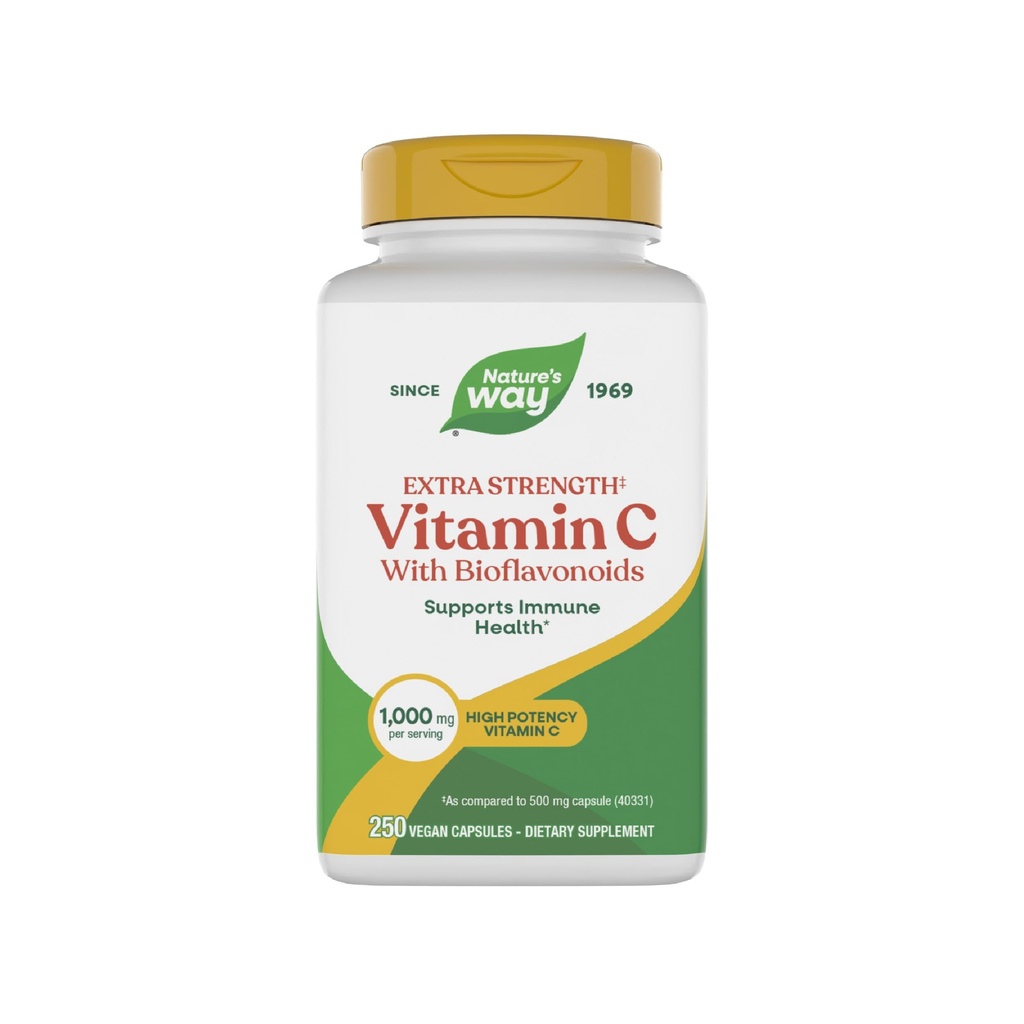 Nature's Way Extra Strength C with Bioflavonoids, The Collagen Production for Health Skin*, 1g Vitamin C as Ascorbicik Asit per Capsule, 250 Vegan Capsules (Pazar Mayıs Vary)