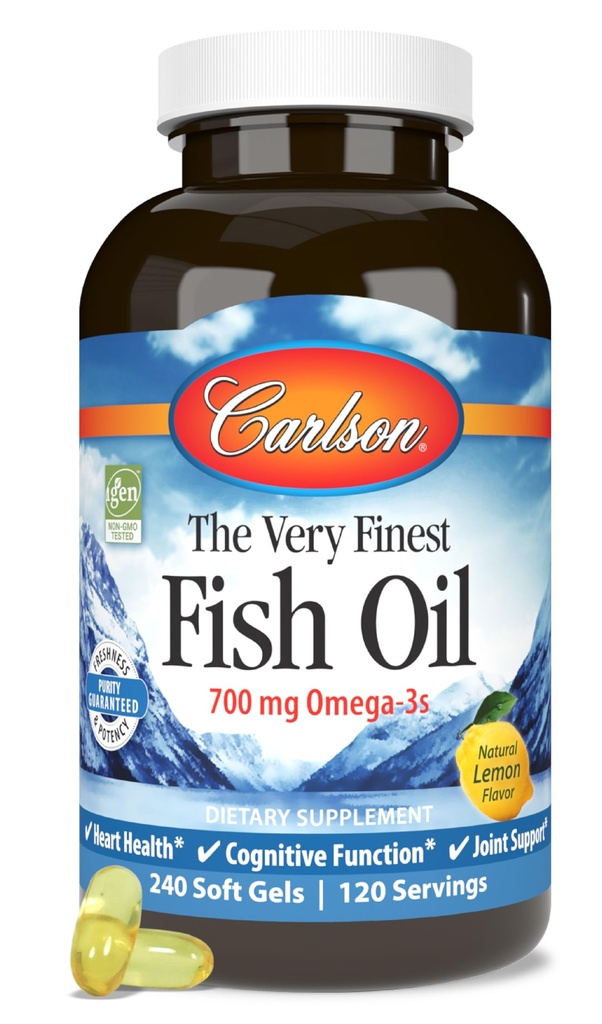 Carlson - The Very Finest Fish Oil, 700 mg Omega-3s, Norveç Fish Oil Supplement, Wild Caught Omega-3 Fish Oil, Sustainable Sourced Fish Oil Capsules, Omega 3 Supplement, Lemon, 240 Softgels