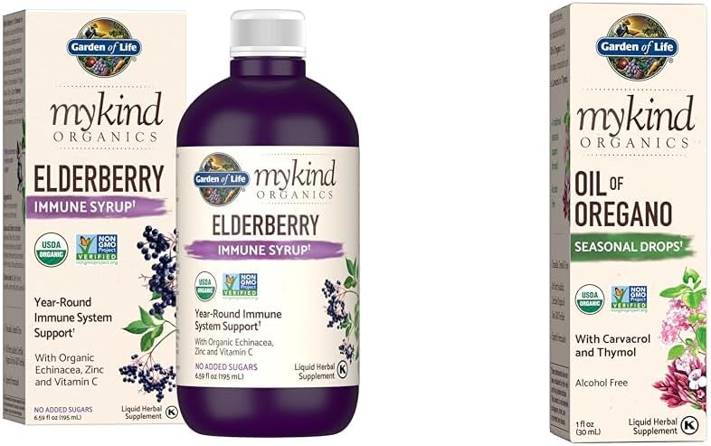 Κήπος της Ζωής Βιολογικά Φυτά με βάση Elderberry Ανοσοποιητικό Σιρόπι 6.59 fl oz & Βιολογικά Λάδι Ρίγανης Εποχιακές σταγόνες 1fl oz (30 mL) Υγρό