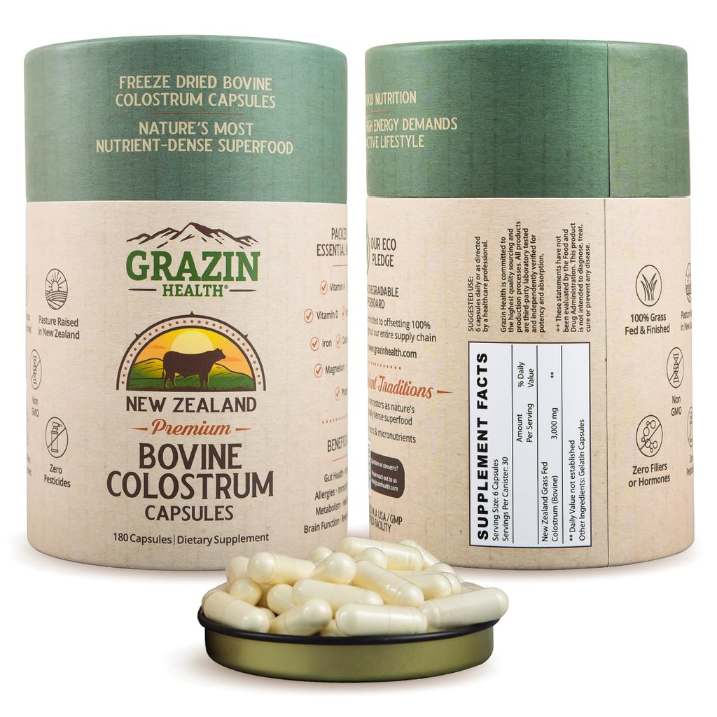 Grass Fed Bovine Colostrum: hizmet başına 3000Mg ( Capsule başına 500 mg) (30 hizmet)