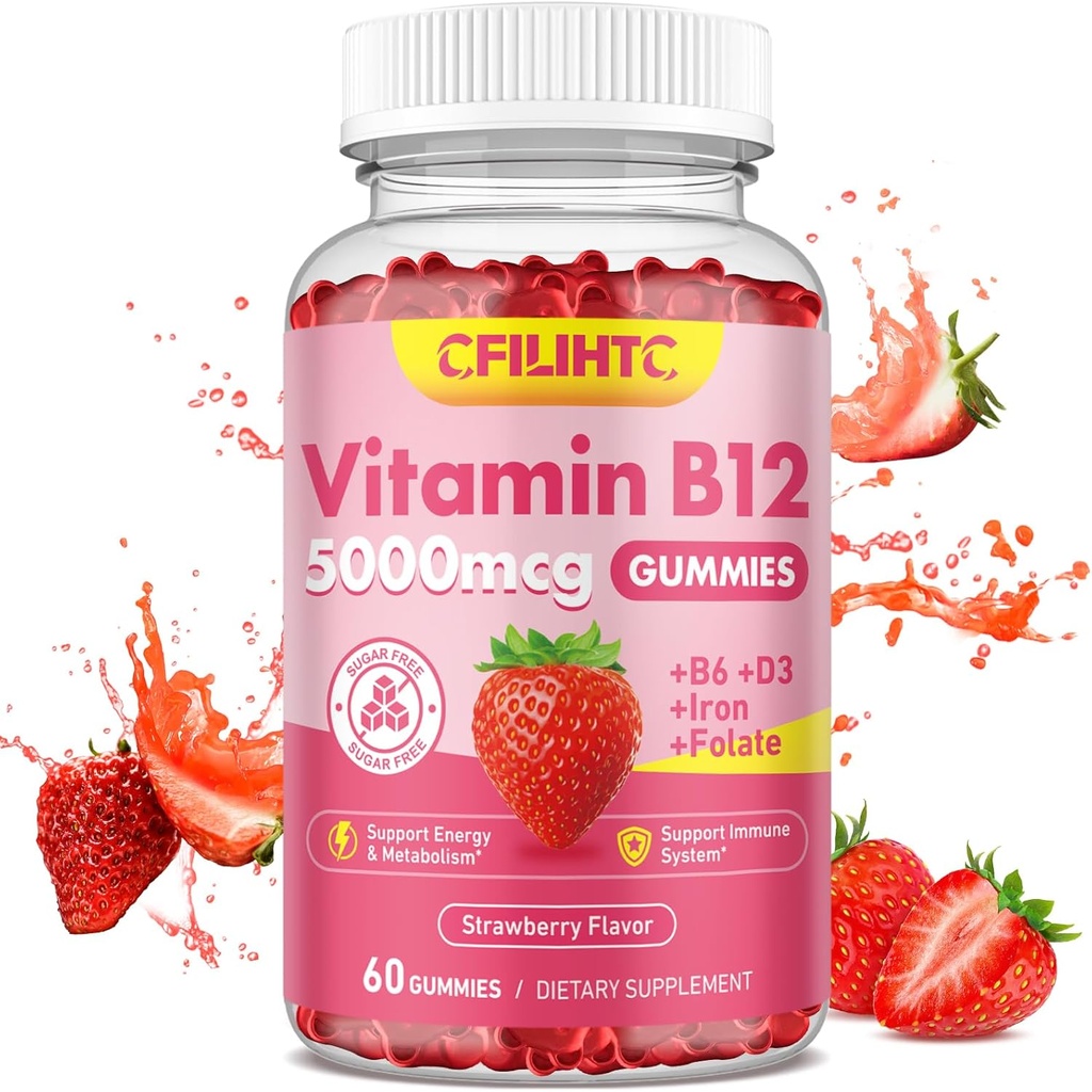 Kadınlar ve Erkekler için B12 Vitaminleri, 5000 ARAP B6, D3, Iron, Yetişkinler, Destekler Enerji & Metabolism Boost, Mood, Immune & Nervous System, Sugar Free Strawberry