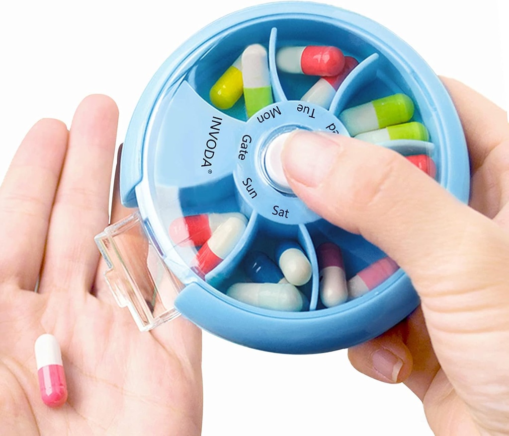 INVODA Weekly Pill Organizer 7 Karşılaştırmalı Günlük İlaçlar ve Vitaminler için Pill Box - Portatif Seyahat Pill Case Fish Oil Supplements Vitamins Organizer (Sky Blue)