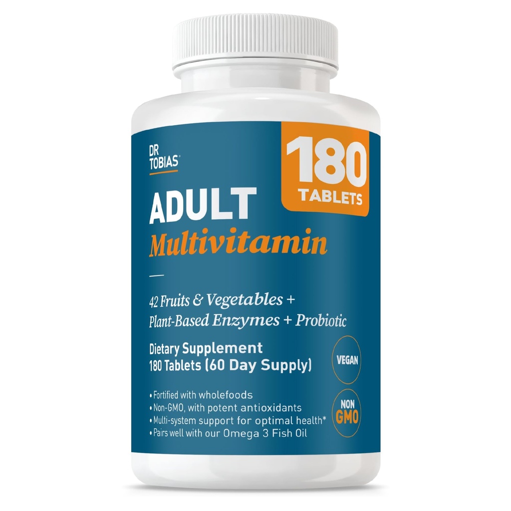 Dr. Tobias Adult Multivitamin for Women & Men, Ανοσοποιητικές Βιταμίνες από 42 Φρούτα, Λαχανικά, Συν Προβιοτικά, Vegan Multivitamins για Άνδρες & Γυναίκες, Μη ΓΤΟ, 180 Tablets, 60 Σερβιέτες