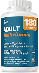 Dr. Tobias Kadınlar ve Erkekler için Multivitamin, 42 Meyveden Vitaminleri Destekleme, Sebzeler, Artı Probiyotikler, Erkekler ve Kadınlar için Vegan Multivitaminler, Non-GMO, 180 Tablet, 60 Hizmet