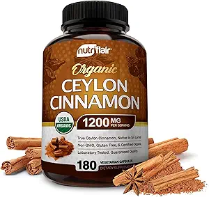 NutriFlair Βιολογική Κεϋλάνη Κανέλα (100% Πιστοποιημένη Βιολογική Κεϋλάνη) 1200mg ανά Σερβίρισμα, 180 κάψουλες - αρθρώσεις, Φλεγμονώδες, Αντιοξειδωτικό