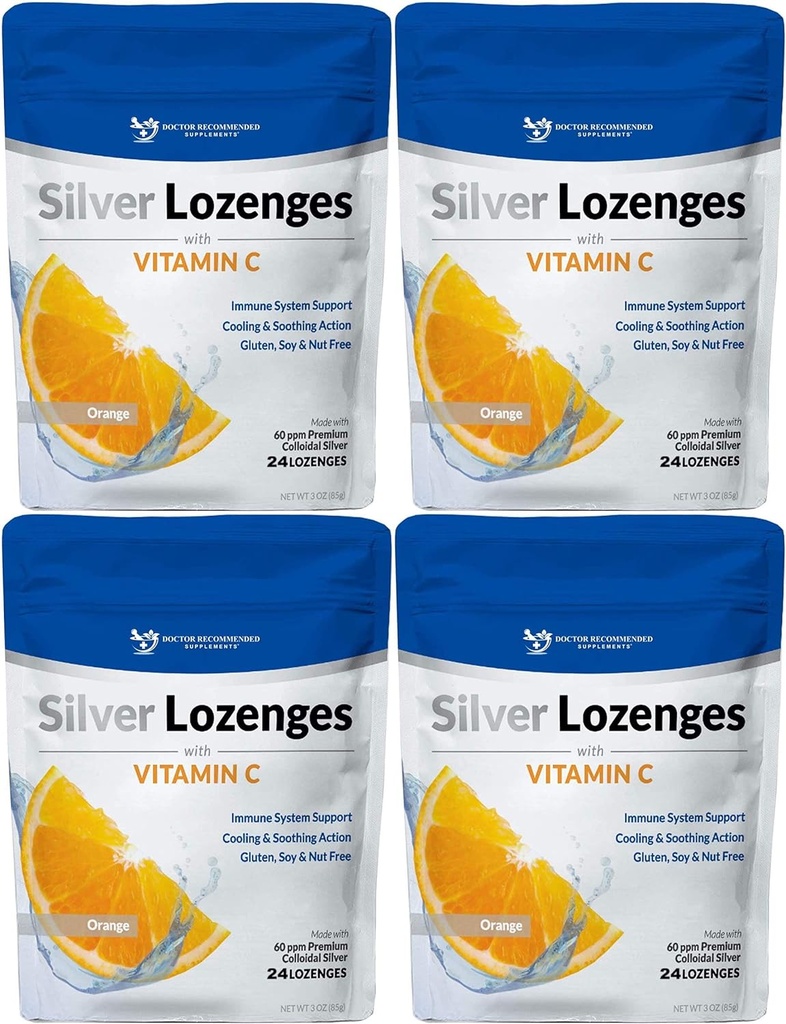 C vitamini ile Gümüş Lozenges - Premium Nano Silver 60 PPM Colloidal Silver, Organik Honey ve C Mineral Supplement Drops Immune System, Soothe Cough & Throat - 4 Paket