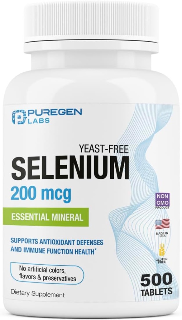 Puregen Labs Selenium 200 mcg Yeast Free Essential Mineral - 500 Vejetaryen Tabletler | Immune & Antioxy Support | Non-GMO, Gluten Free, Made in USA