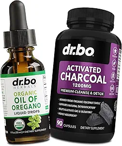 Ρίγανη Oil Organic Liquid Drops & Charcoal Capsules - Λάδι από Ρίγανο Drops Βάμμα & Χάπια Ανθρακωρύχου για Στομαχικό Αέριο Cleanse Detox Immune Support, Digestive Binder - Organic