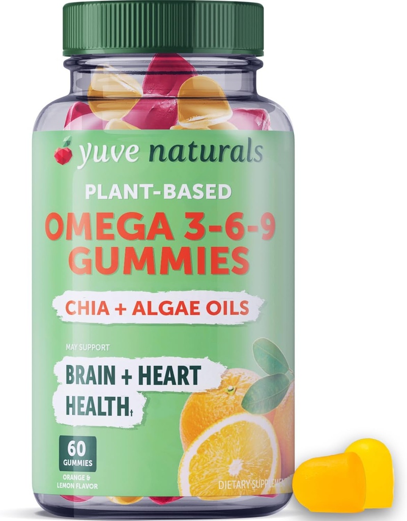 Yuve Vegan Omega 3-6-9 & DHA Gummies - Çocuklar için Lezzetler, Erkekler ve Kadınlar - Algae & Chia - NO Fish Oil, NO Krill - Essential Fat asit Supplement - Non-GMO, Gluten-Free, Plant-Based - 60ct