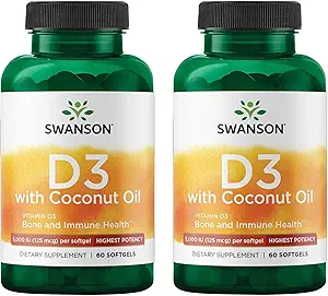Σουάνσον Υψηλής Ικανότητας Βιταμίνη D-3 w/Coconut - Φυσικό συμπλήρωμα που προωθεί την υγεία των οστών & ανοσοποιητικό σύστημα υποστήριξης - μπορεί να βοηθήσει να αυξήσει την απορρόφηση ασβεστίου - (60 Softgels, 125mcg κάθε) (2 Pack)