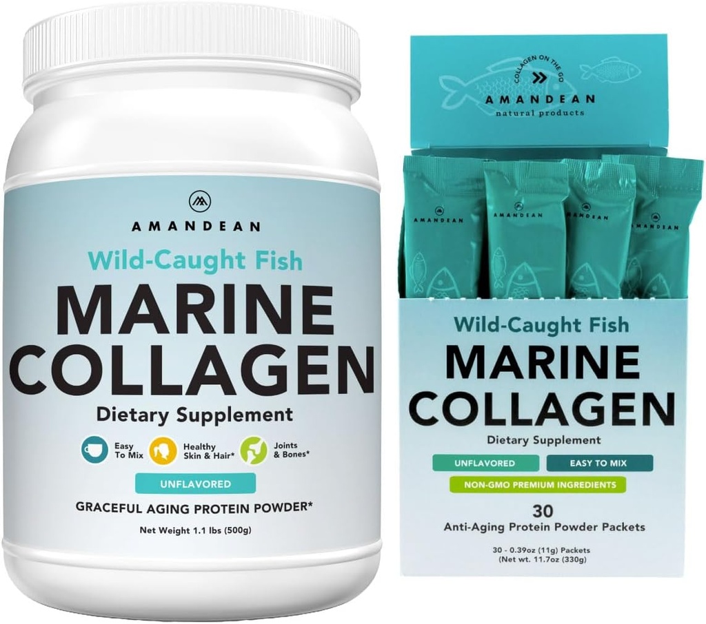AMANDEAN Marine Collagen Duo. 500g Container + 30 Travel Packs. Hydrolyzed Fish Collagen Peptides for Skin, Hair & Nails. Pescatarian, Keto & Paleo-Friendly, Unflavored