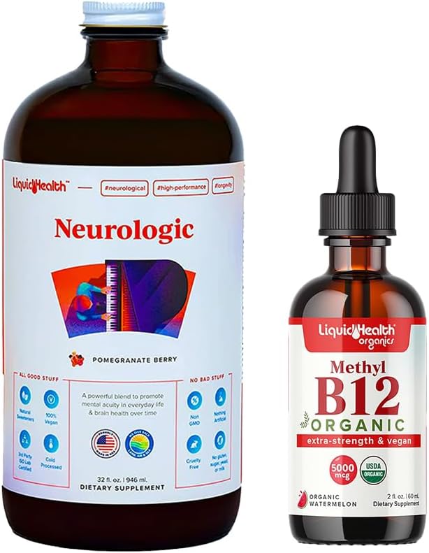 LIQUIDHEALTH Neulogic Nootropic Focus Supplement & Organic Methyl B12 5000mcg Βιταμίνη Σταγόνες με ταρτάρ Cherry Juice για ανοσοποιητική υποστήριξη, βελτιωμένη μνήμη & συγκέντρωση, φυσική ενέργεια, συνολική υγεία