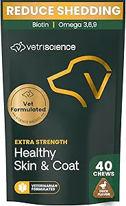 VetriScience Extra Strength Healthy Skin & Coat Chews, Omega Plus συμπλήρωμα για σκύλους, με Ισορροπημένο Ωμέγα 3, 6, 9, ιχθυέλαιο και βιοτίνη, υγεία του δέρματος, ανάπτυξη γάζας και λάμψη, πάπια, 40 κόμης