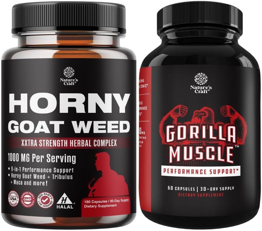 Bundle of Horny Goat Weed with Black Maca Root, Tongkat Ali, Saw Palmetto & Panax Ginseng Extract for Stamina & Energy and Extra Strength Testosterone Booster - Muscle Enlargement Supplement for Men
