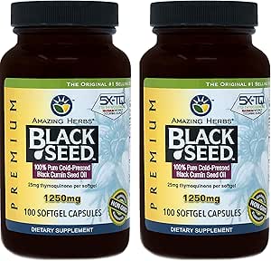 Amazing Herbs Black Seed Oil Pills 1250 mg, 100 Softgel Capsules (Pack of 2)