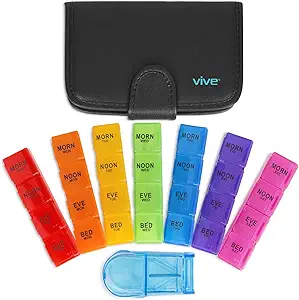 Vive Weekly Pill Organizer 4 Times a Day - 7 Days Pill Box for Morning, Noon, Evening, Night - Ekstra Büyük Tıp, Vitamin & Supplement Akrilik with Premium Deri Case and Splitter XS
