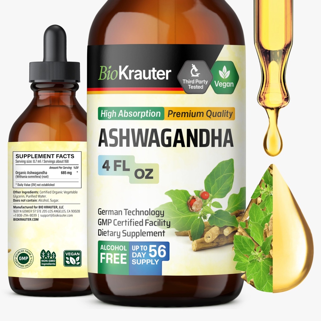 BIO KRAUTER Ashwagandha Υγρές σταγόνες - Ashwagandha Συμπληρώματα για την ηρεμία - Vegan Mood Υποστήριξη σταγόνες - Αλκοόλ & Ζάχαρη Δωρεάν - 4 Fl.Oz.