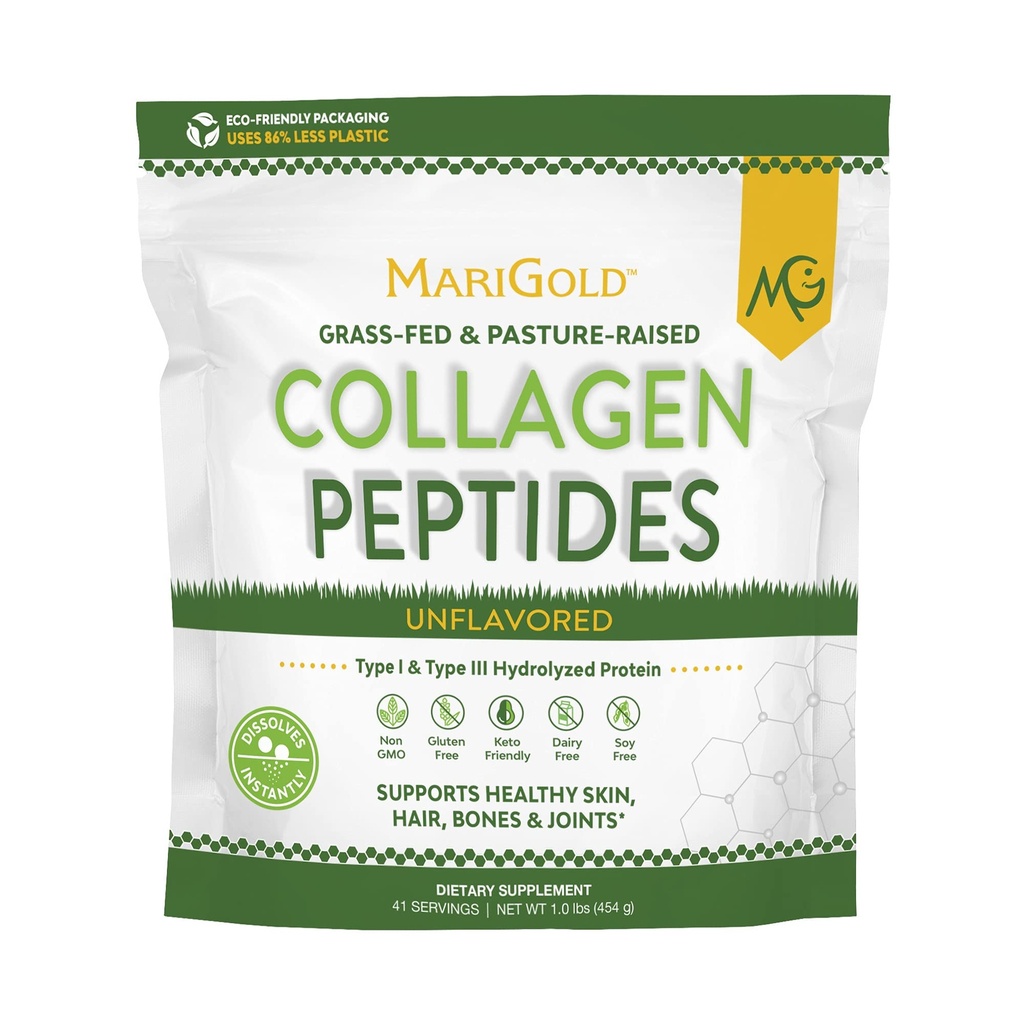 MariGold Grass-fed Collagen, Toz Unflavored 1LB - 100% Saf, Tip I & III Bovine Hydrolyzed Collagen, Non-GMO, Hormon-Gluten-Dairy Free, Keto-Friendly, Easy to Mix-