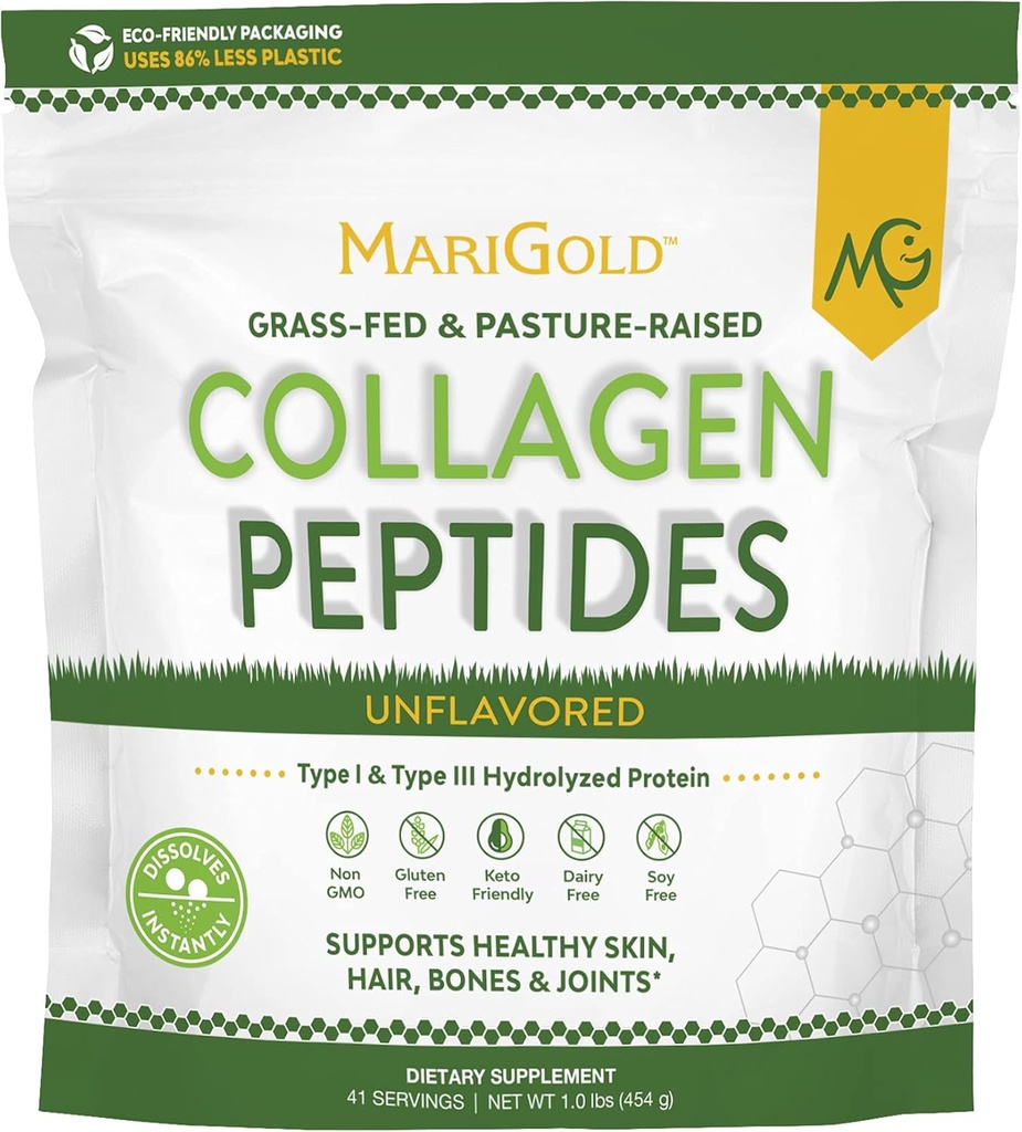 MariGold Grass-fed Collagen, Toz Unflavored 1LB - 100% Saf, Tip I & III Bovine Hydrolyzed Collagen, Non-GMO, Hormon-Gluten-Dairy Free, Keto-Friendly, Easy to Mix-