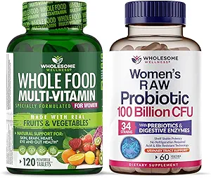 Wholesome Wellness Food Multivitamin for Women - Φυσικές Πολυ Βιταμίνες, Ορυκτά, Βιολογικά Εκχυλίσματα + Dr. Formulated Ακατέργαστα Προβιοτικά για Γυναίκες 100 Δισεκατομμύρια CFUs με Prebiotics Bundle