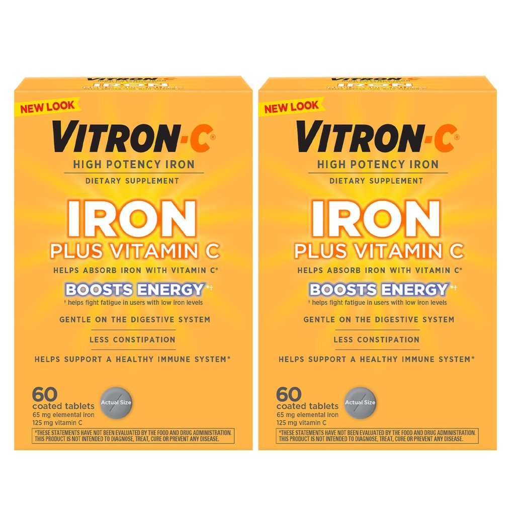 Vitron-C Iron Supplement, Once Daily, High Potency Iron Plus C, Support Red Blood Cell Production, Dye Free Tablets, 60 Count, 2 Pack