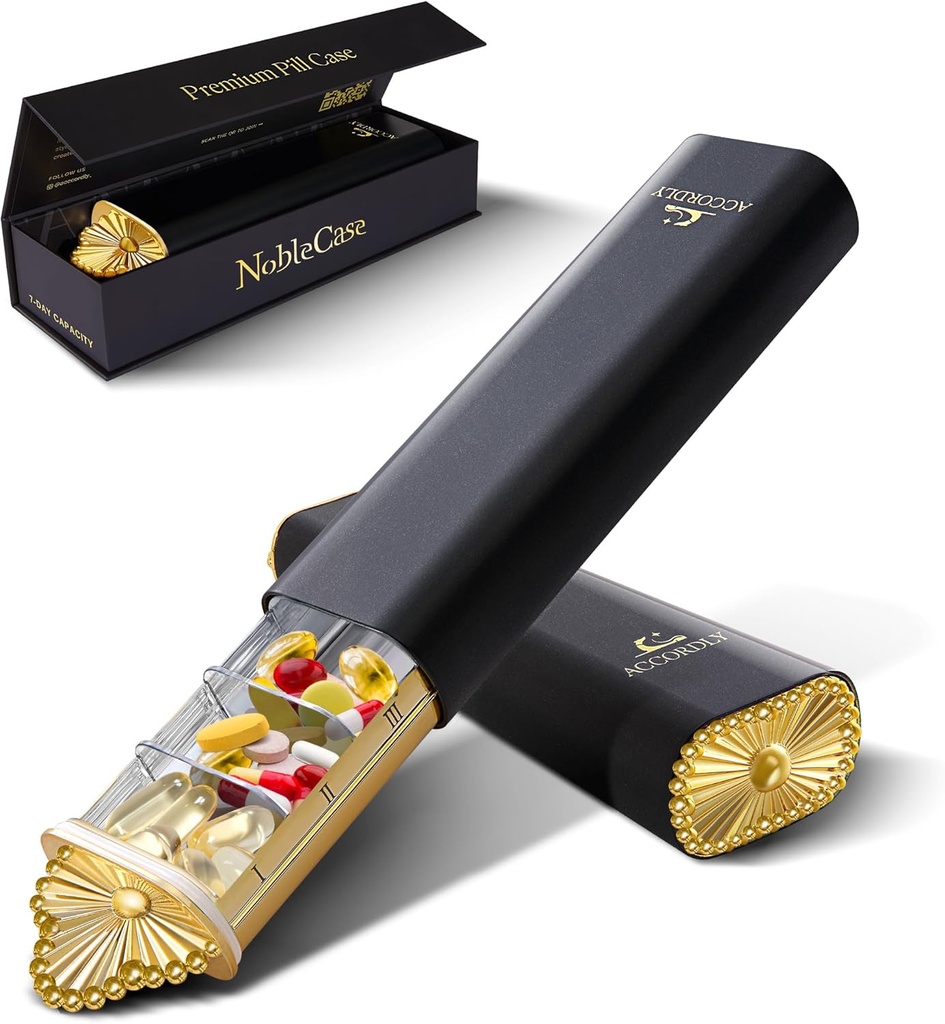 Premium Weekly Pill Organizer, 7Day Compact Pill Case for Purse, Gold Light Alüminyum Pill Box for Vitamins, Medicine, Supplements, Luxury Wellness Hediyeleri, Tıp, Tamamlar,