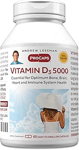 ANDREW LESSMAN Vitamin D3 5000 IU 60 Capsules - Yüksek Potency, Essential for Food Abxia, Supports Bone Health, Health Muscle Function, Immune System, More. Small Easy to Swallow Capsules