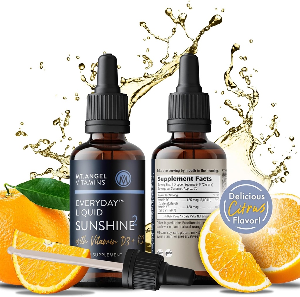 Mt. Angel Vitamins - Vegan Vitamin D3 & K2 Liquid Supplement - 5000 IU D3, Trans MK7 K2 - Χωρίς γλουτένη, Μη ΓΤΟ - Ιδανικό για ενήλικες & παιδιά - Η Καθημερινή σας Δόση Ηλιαχτίδας 