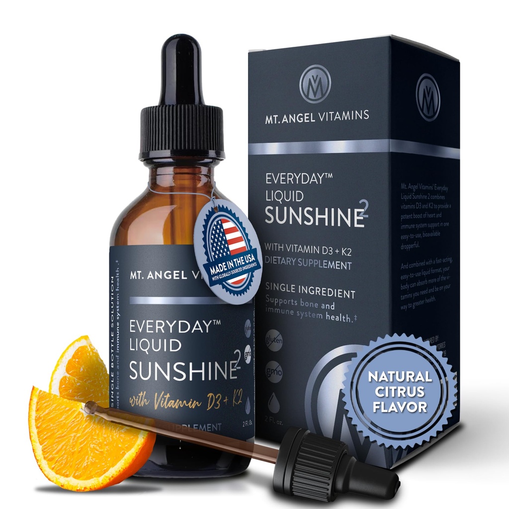 Mt. Angel Vitamins - Vegan Vitamin D3 & K2 Sıvı Supplement - 5000 IU D3, Trans MK7 K2 - Gluten-Free, Non-GMO - Yetişkinler ve Çocuklar için Mükemmel - Daily Dose