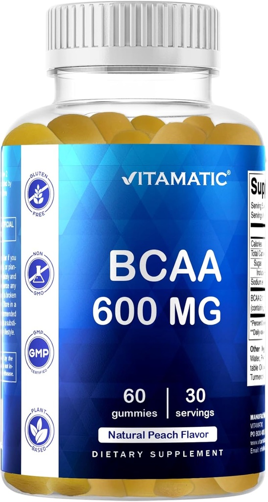 Vitamatic BCAA Gummies - Branş Zincirleri - Peach Flavor - Servis başına 600 mg - 60 Vegan Pectin Temel Gummies (1 Şişe)