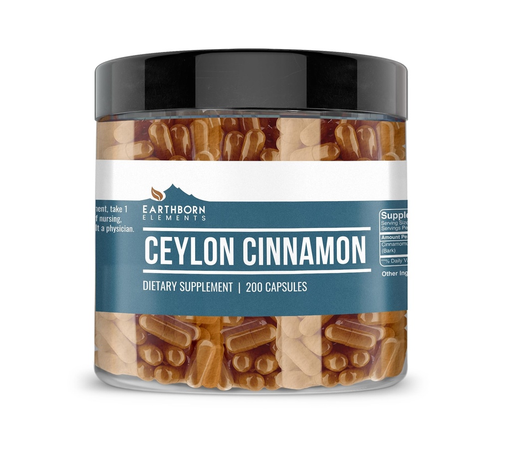 Earthborn Elements Ceylon Cinnamon 200 Capsules, Pure & Undiled, No Wordss