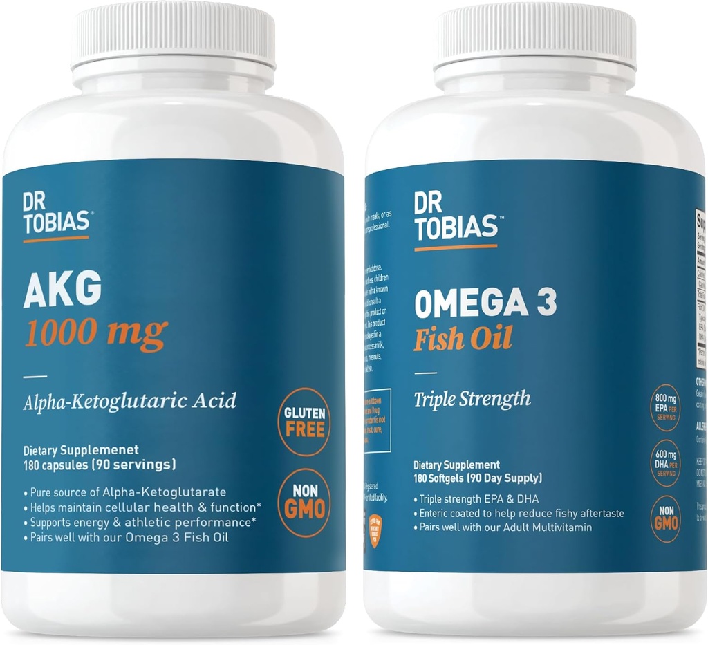 Dr. Tobias AKG Supplement & Omega 3 Fish Oil, Support Cellular Energy & General Health with AKG and Triple-Strength Omega 3 EPA & DHA, Non-GMO