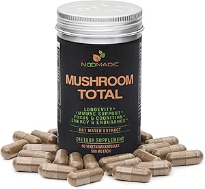 Noomadic Mushroom Total, 60 Capsules, 500mg, 30% Beta Glucans, Adaptogenic Mushroom Complex of Lions Mane, Turkey Tail, Chaga, Reishi, Cordyceps, Hot Water Extract, Fruiting Bodies.